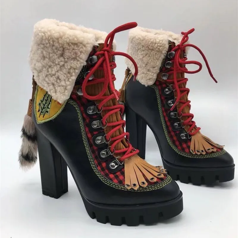 Зимние женские мотоциклетные сапоги на платформе и высоком каблуке 12 см; Botas Mujer; лоскутные шерстяные зимние сапоги с бахромой; ботильоны для женщин