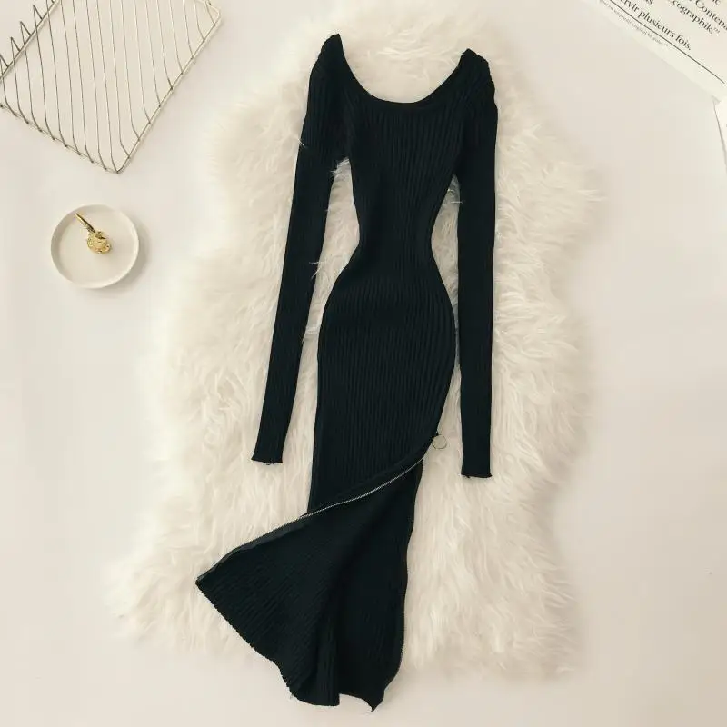 ALPHALMODA вязаный свитер на молнии сбоку трикотажное платье с длинным рукавом