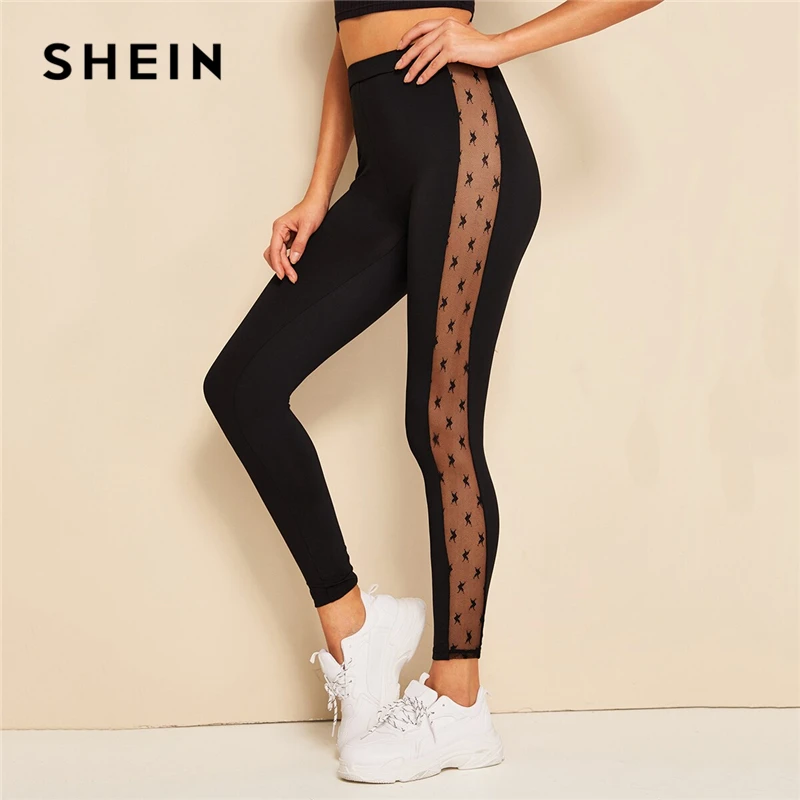 SHEIN, контрастные сетчатые леггинсы, сексуальные женские леггинсы,, новая мода, для фитнеса, черные, одноцветные, женская одежда, длинные леггинсы