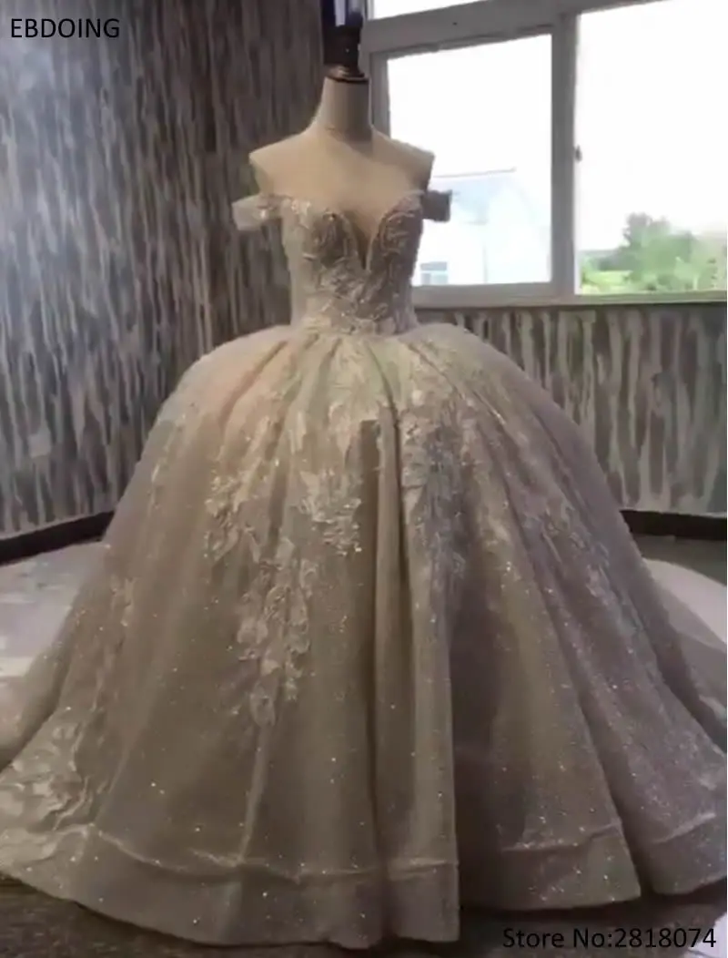 Real Photo Vestidos De Novia Ball Gown Wedding Dress Sweetheart Neckline Short Sleeves Royal Train Lace Up With Beaded | Свадьбы и