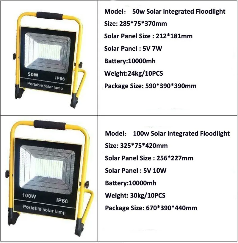 구매 방수 IP65 50W 100W LED 태양 광 통합 투광 조명, 충전식 휴대용 LED 작업 조명 비상 캠핑 램프, 4 개