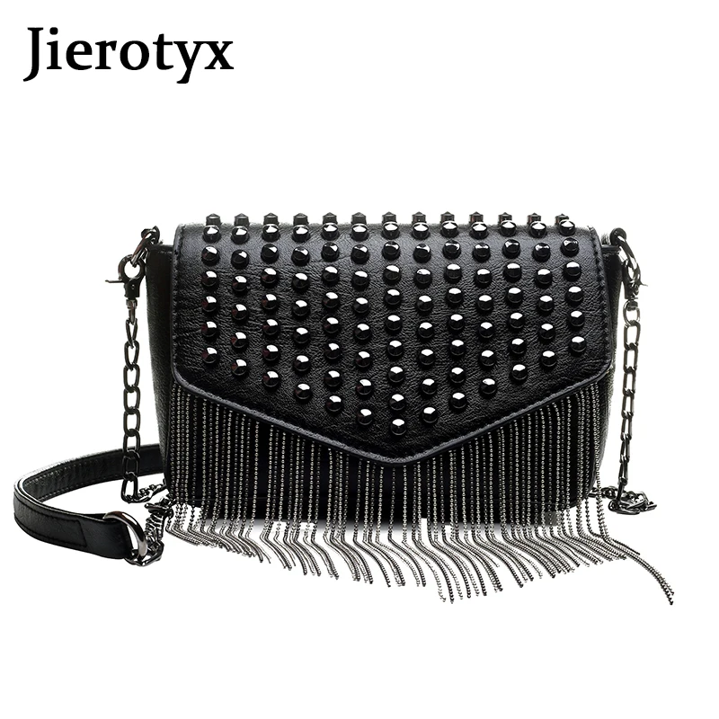 JIEROTYX Модные кисточкой бриллианты бренд дизайн мини цепь сумка через плечо черные кожаные заклепки женская Bolsa Sac основной