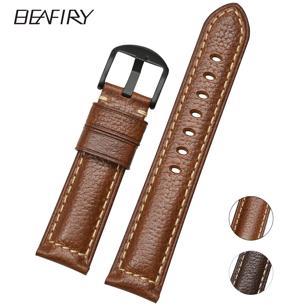 BEAFIRY Litchi Genuine Leather Watch Band 24mm 20mm 22mm Straps Brown Handmade Watchbands Replacement for men women | Наручные часы
