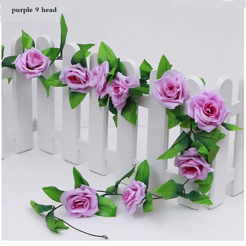 purple 2,3 м шелк Вистерия искусственная Роза вино из плюща ротанга с зелеными листьями Настоящее прикосновение для украшения свадьбы стены Гирлянда для развешивания - Цвет: purple