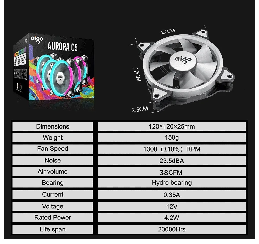 Aigo aurora C5 радужные огни разноцветные RGB регулируемый цветной вентилятор 120 мм светодиодный ПК Компьютер охлаждающий кулер бесшумный чехол контроллер вентилятора