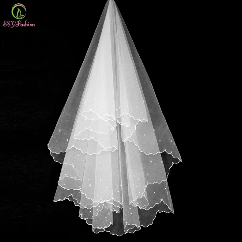 

Wholesale SSYFashion 1.5 Meters White Wedding Veils Vestidos Bridal Short Pearl Soft Yarn Wedding Accessories Velos De Novia
