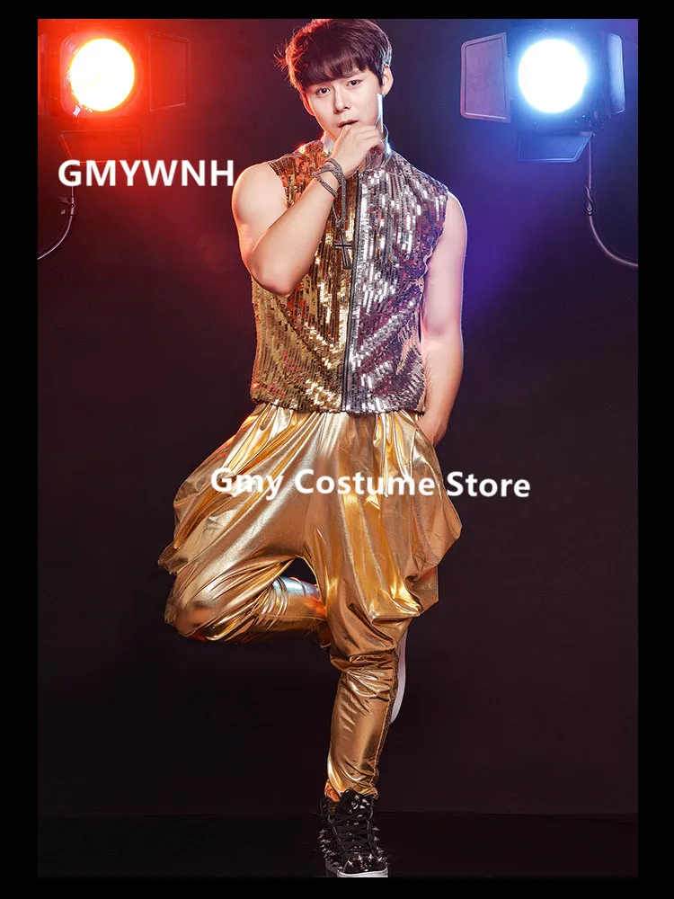 R71 Gold silver splice sequin men wears outfits dj vest dress ballroom dance costumes singer Hip hop pants host male bodysuit | Дом и сад