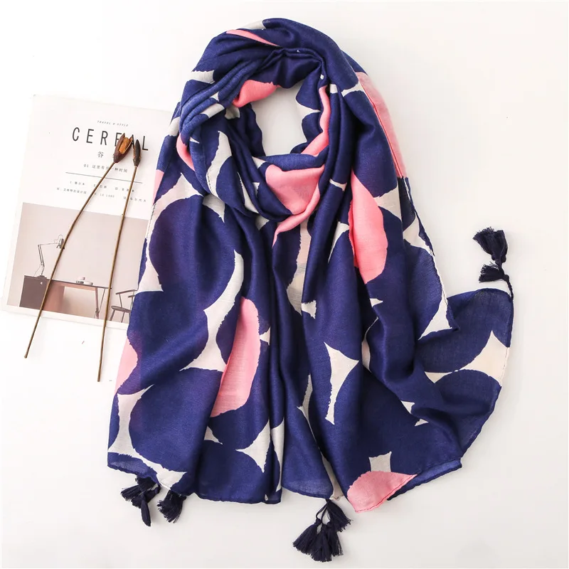 KYQIAO women luxury brand scarf female autumn spring SPAIN STYLE vintage long blue dots circle pattern head cape |