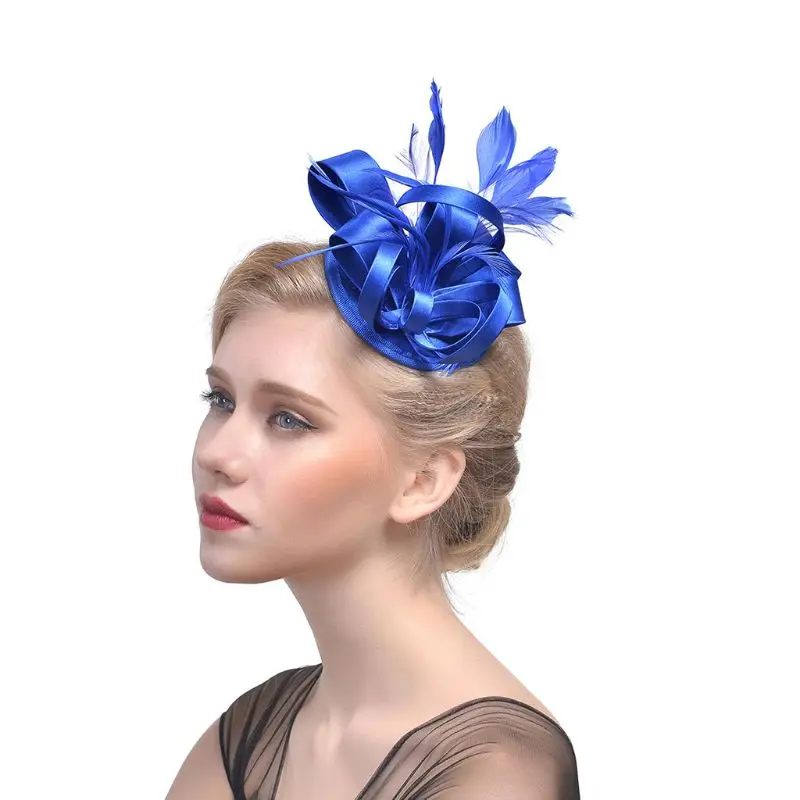 Royal Blue Женский бутик лента бант вуалетки шляпа Винтаж блеск сплошной цвет перо банкет Свадебная вечеринка Duckbill свадебный головной убор - Цвет: Royal Blue