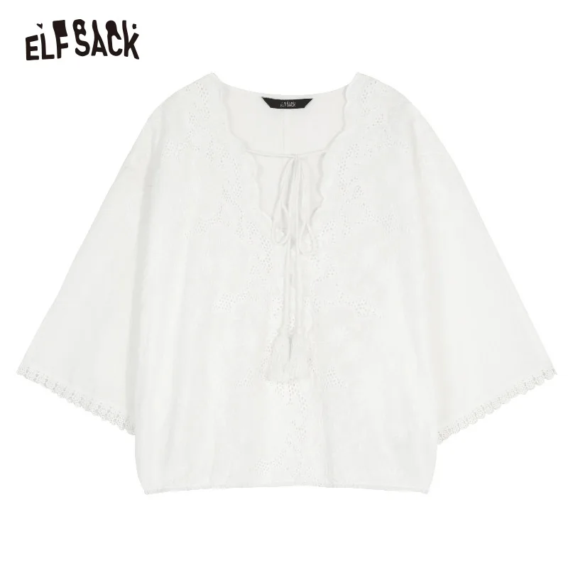 

ELFSACK Cotton Casual Lace up Women Shirt Fashion Hollow Out Neon Green V-Neck Oversized Female Tops 2019 Summer Elegant Shirts