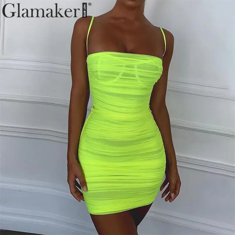 Glamaker, сексуальное прозрачное облегающее платье, женское, весна-лето, Сетчатое, элегантное, мини платье, вечерние, для клуба, без рукавов, плиссированное, женское платье