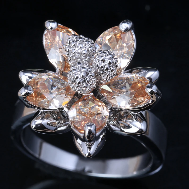 Объемные цветы Шампанское Morganite кубического циркония камни 925 серебро Мода