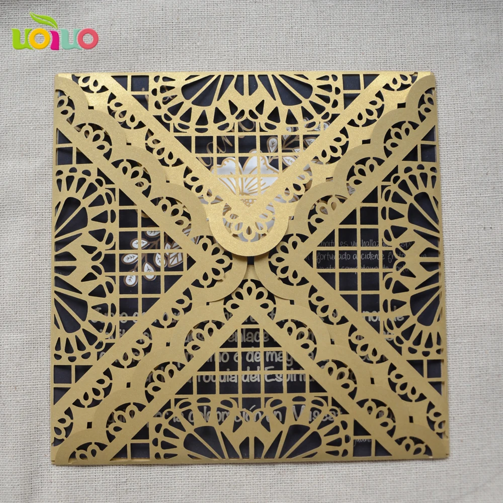 

50sets champagne gold square laser cut lace customize indian wedding card design with insert paper and envelop