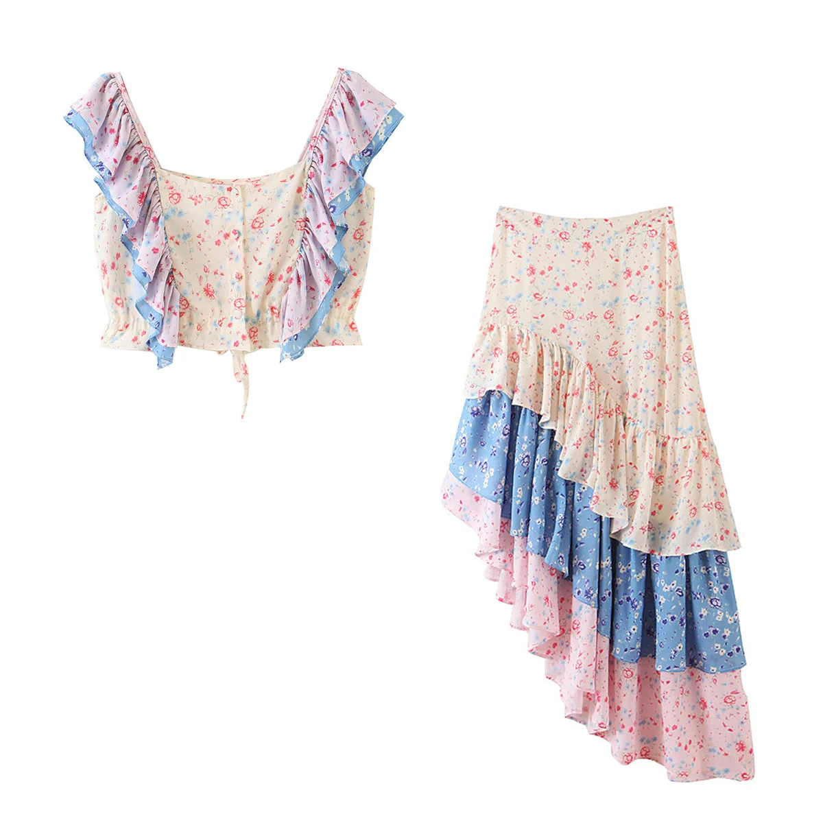 set Lisette, юбка с цветочным рисунком, женская летняя, винтажная, асимметричная, с оборками, высокая талия, длинные юбки, Пляжное, в стиле бохо, Винтаж, юбка макси - Цвет: set