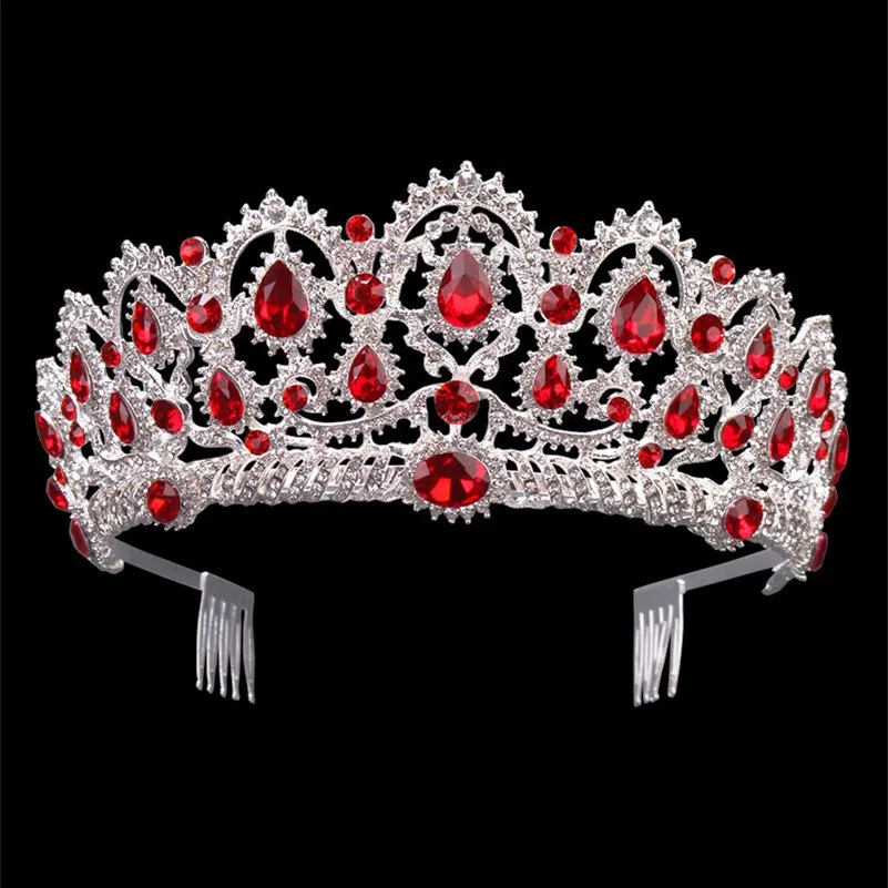 Silver Red With Comb Розовое золото, розовый цвет, винтажное украшение для волос в стиле барокко, королева, король, жемчуг, кристалл, тиара и корона с гребнем, повязка на голову, свадебные Стразы, диадема - Окраска металла: Silver Red With Comb