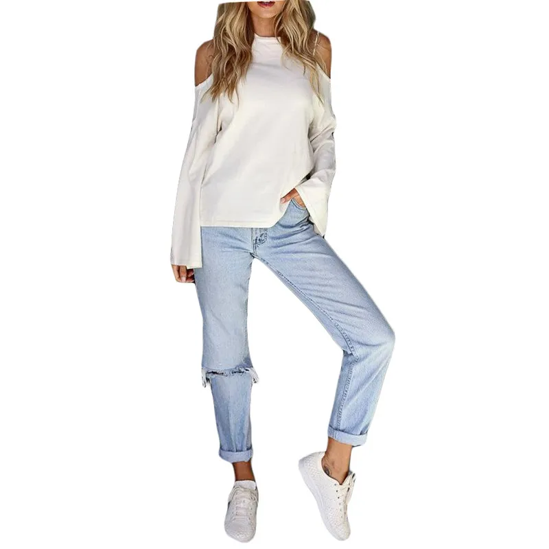 SexeMara/Новинка модная однотонная белая Осенняя футболка с открытыми плечами и