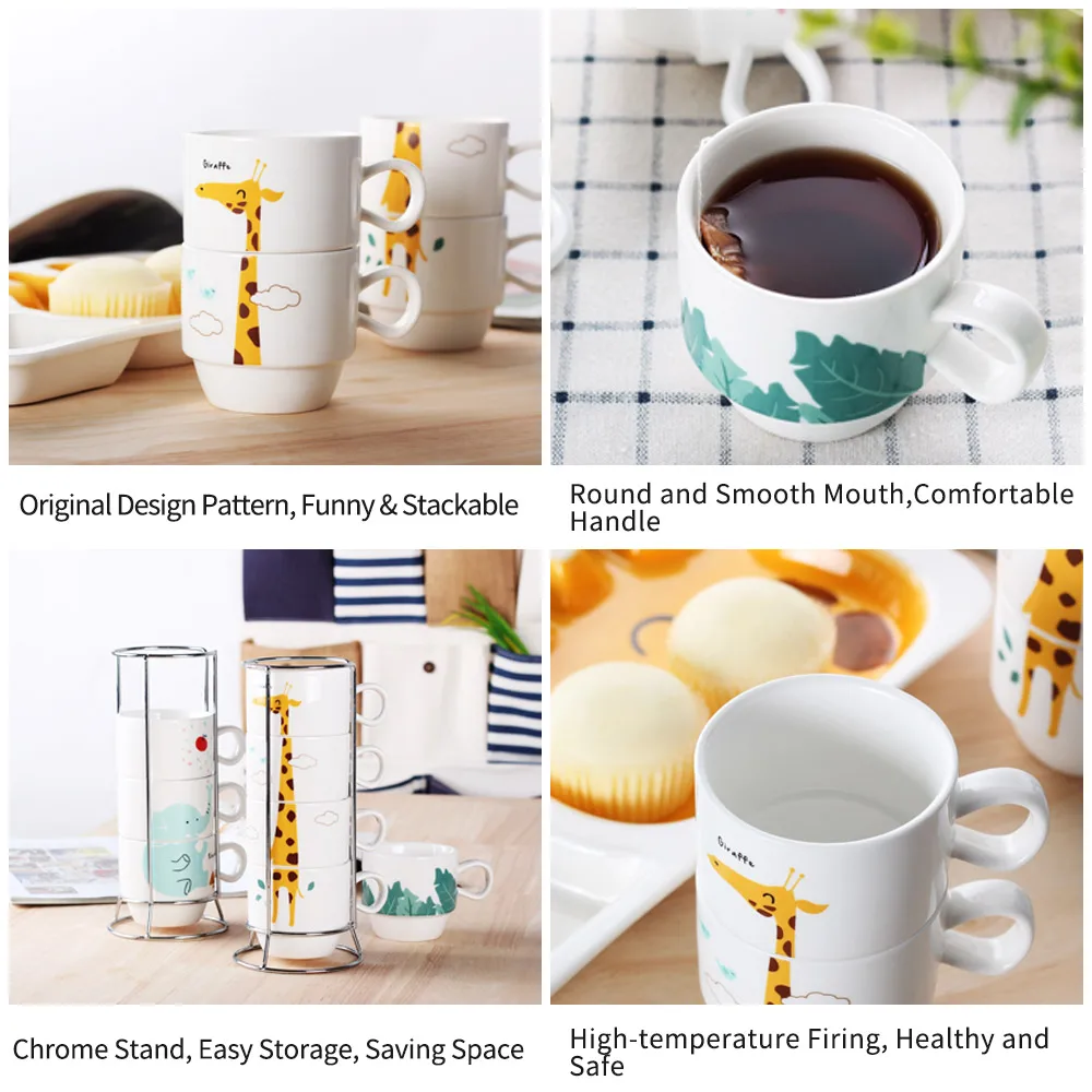 4 pcs just 150ml Stackable Cute Animal Cartoon Reusable Ceramic Office Coffee Mug Set with Chrome Stand for Tea Water and Milk | Дом и сад