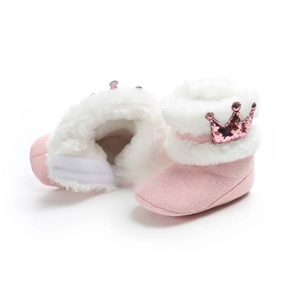 

Newborn Baby Shoes Winter Warm Baby Boots Crown Fur Slip-On Furry Infant Baby Shoes For Girls 0-18M Rubber Sole First Walkers