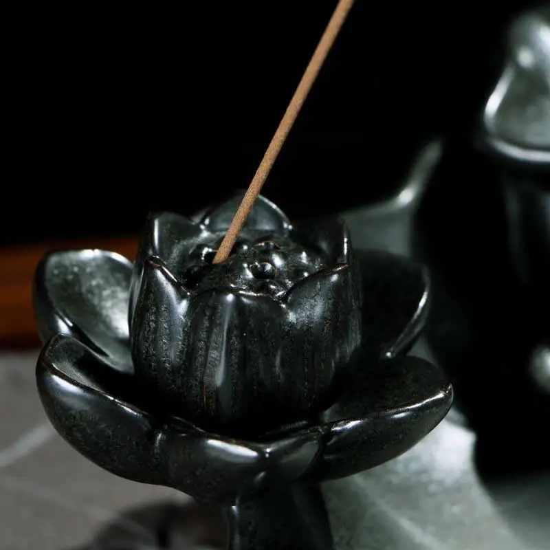 Lotus Leaf Backflow Incense Holder Smoke Waterfall Burner Ceramic Censer Mountain River Handicraft | Дом и сад