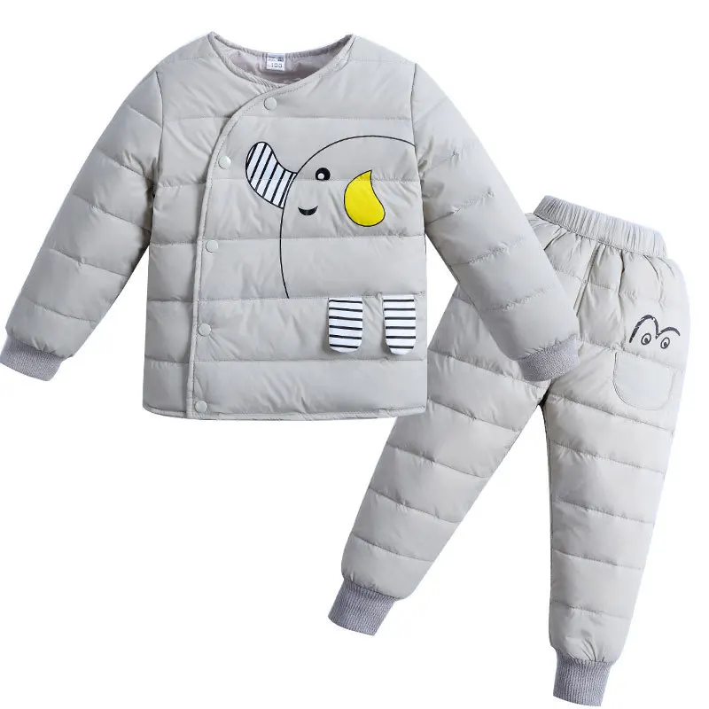 BINIDUCKLING/зимние комплекты одежды для детей комплекты с курткой на утином пуху пуховые пальто для маленьких мальчиков и девочек со штанами детская одежда с длинными рукавами - Цвет: Серый