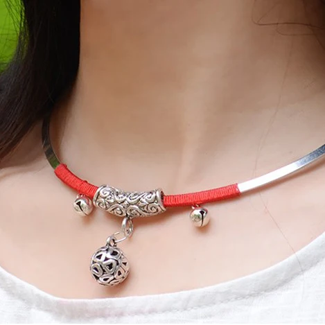 Элегантный китайский стиль качество Miao серебро Torques Chokers ожерелье полый шар Pandent