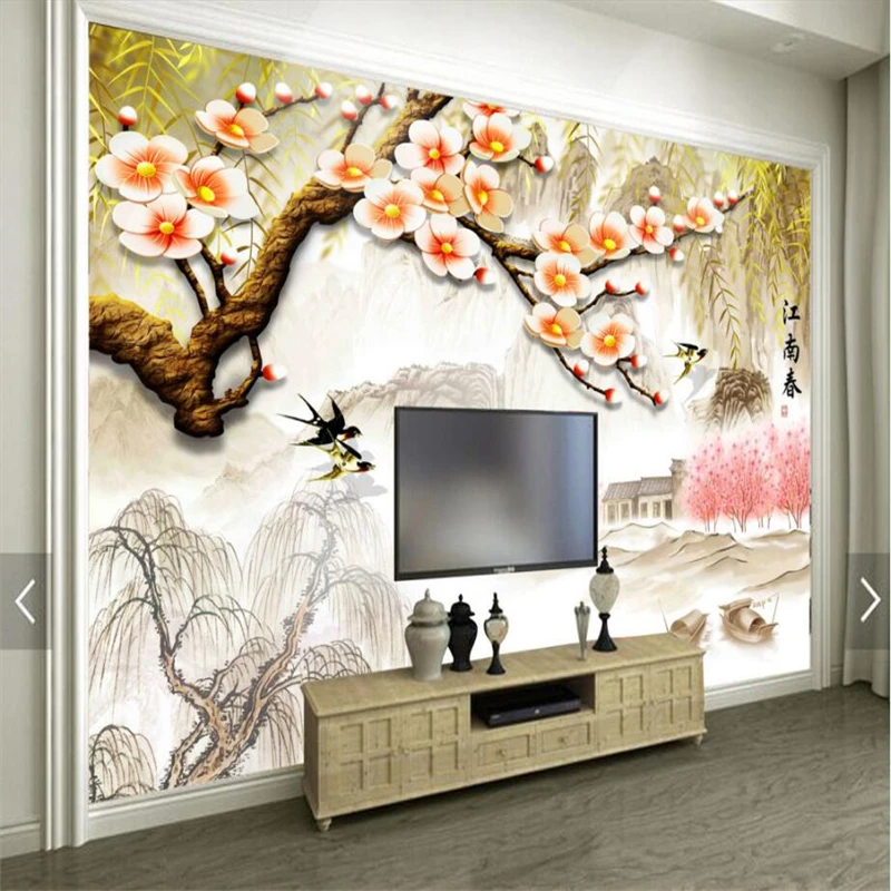 beibehang Wall paper mural room custom HD ink landscape murals Jiangnanchun relief plum background wall decoration | Обустройство