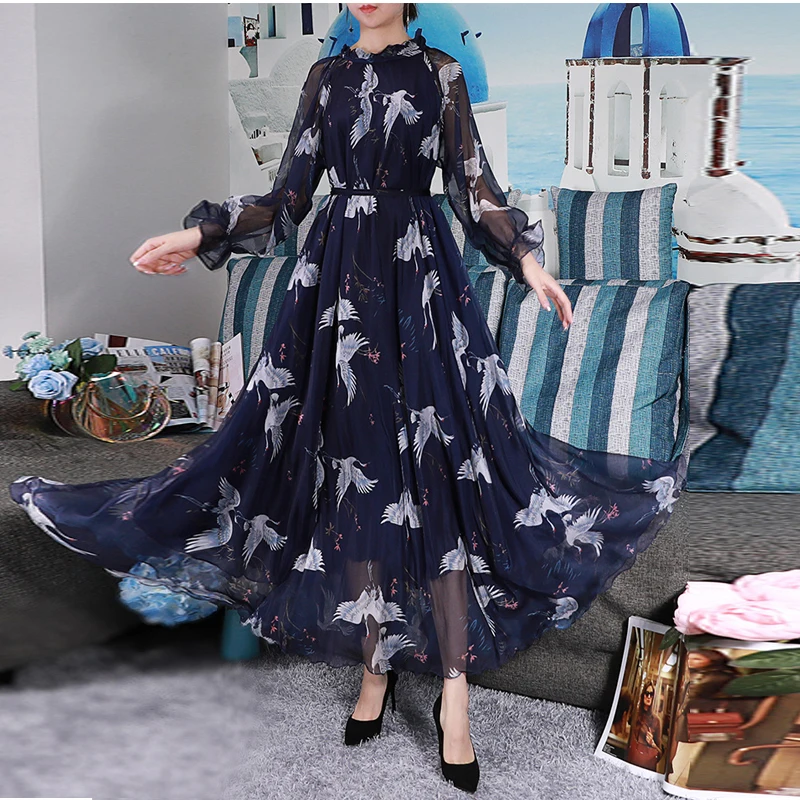 Ruffle collar vintage Printed Long Sleeve Runway High quality womens Maxi Dress Holiday Beach Plus Sizes flowy dress | Женская одежда