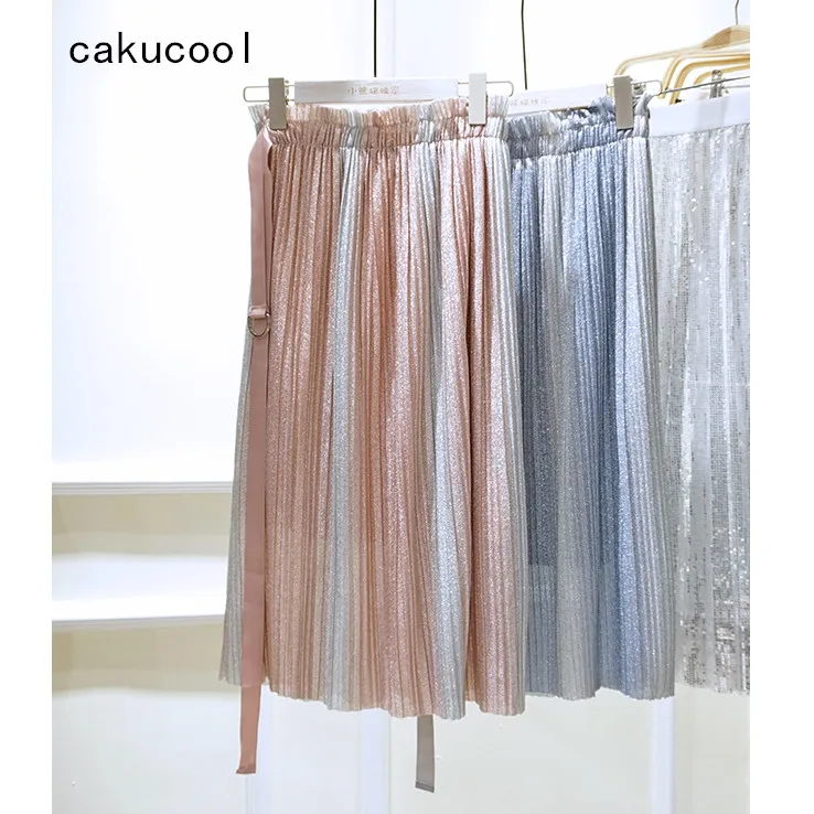 Cakucool новый корейский Блестящий люрексом плиссированные юбки с поясом миди