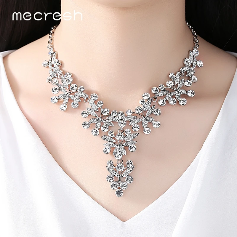 Mecresh Leaf Crystal Bridal Jewelry Sets For Women Silver Color Geometric Statement Necklace Set Fashion Wedding MTL525 | Украшения и