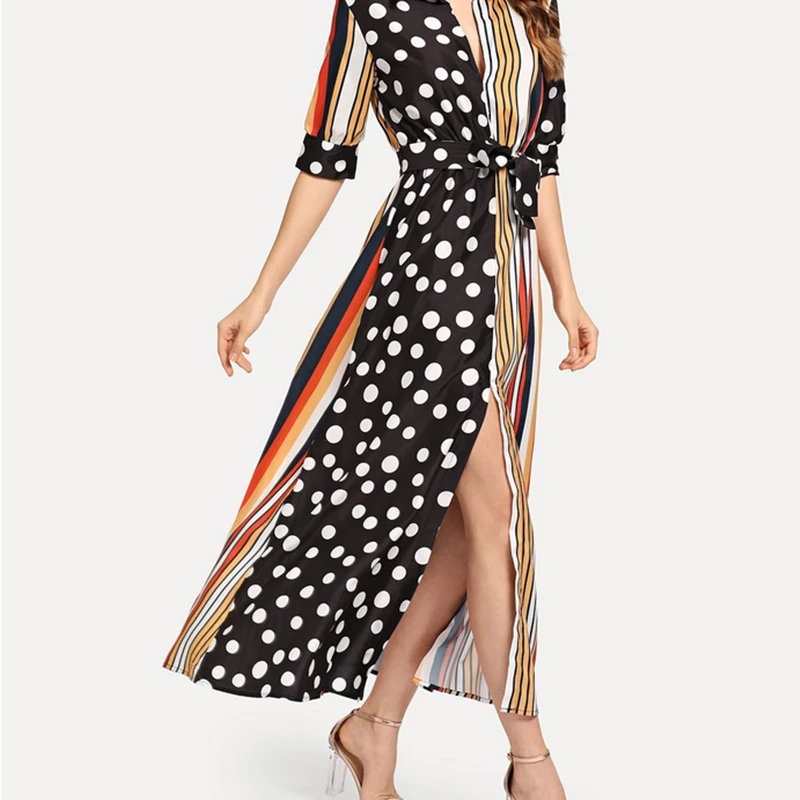 Женское платье в полоску горошек с длинным рукавом | Женская одежда