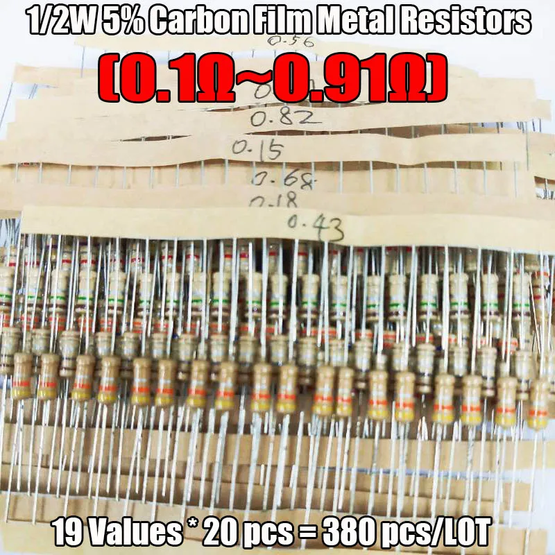 

380pcs/lot 1/2W 5% 19Values 0.1R ~0.91Ohm Carbon Film Resistors Assorted Kit