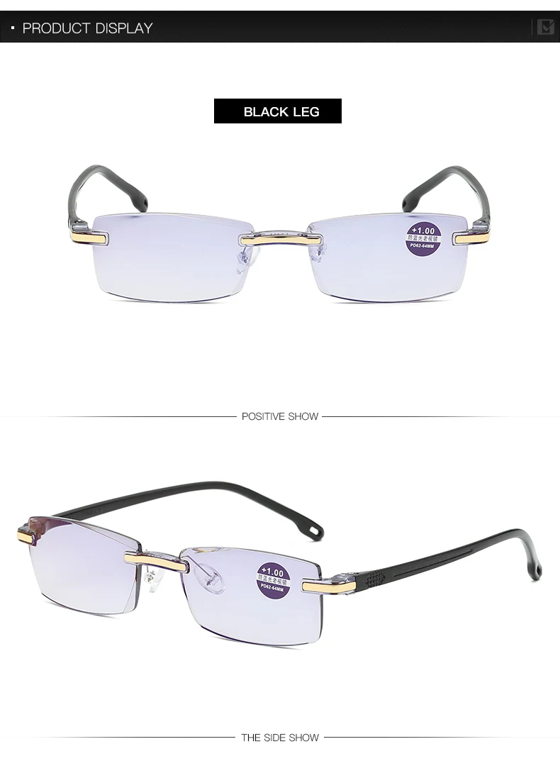 Rimless Reading Glasses Square Computer Blue Light Blocking Glasses Frameless Far Sight Eyeglasses Presbyopia Hyperop Eyewear