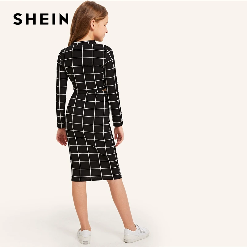 SHEIN/детский черный клетчатый короткий топ с воротником-стойкой и юбка для девочек Повседневный костюм, комплект для детей г. Осенние облегающие костюмы с длинными рукавами