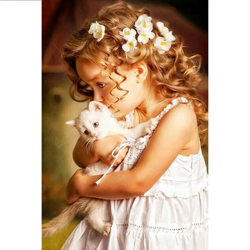 Картина для вышивки крестиком DIY 5D бриллиантовые кристаллы вышивания Girl With Kitten