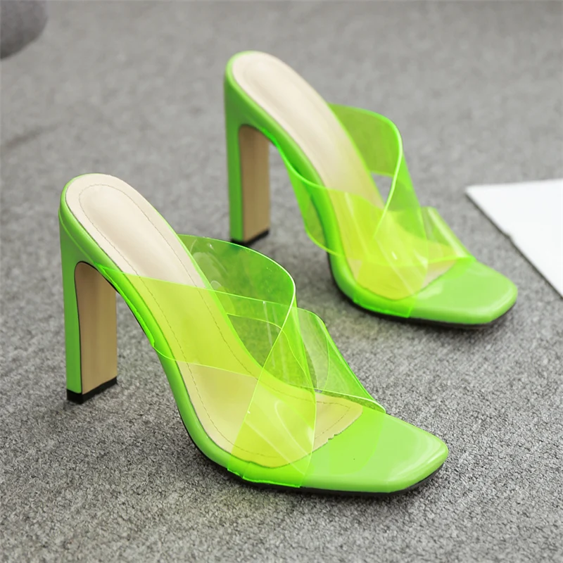 Женские туфли на высоком каблуке 12 см цвет неоновый зеленый босоножки толстом