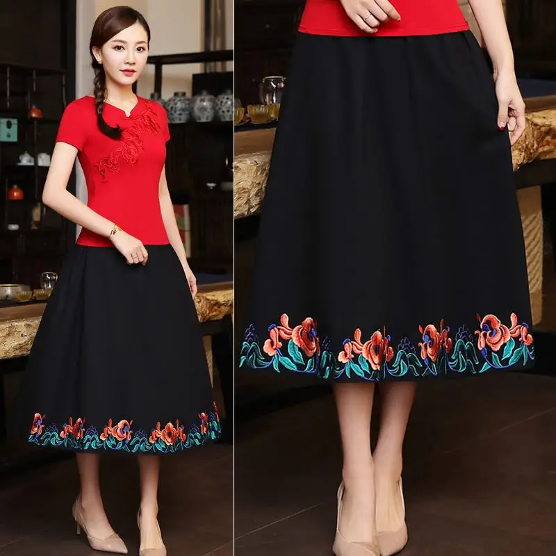 KYQIAO faldas mujer moda jupe femme женская осенняя Весенняя Мехико стиль этнический дизайн длинная Черная синяя красная юбка с вышивкой - Цвет: only skirt