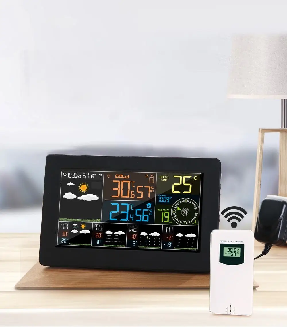 Wi-Fi Метеостанция настенные цифровые часы-будильник термометр гигрометр для будущего погоды направление ветра барометр