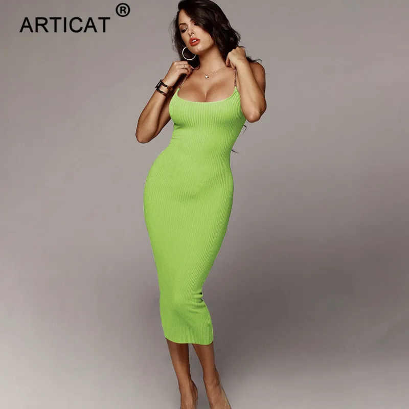 Neon Green Articat металлический ремешок-цепочка в рубчик сексуальное облегающее платье без рукавов с o-образным вырезом узкое летнее платье белое с открытой спиной пляжное повседневное длинное платье - Цвет: Neon Green