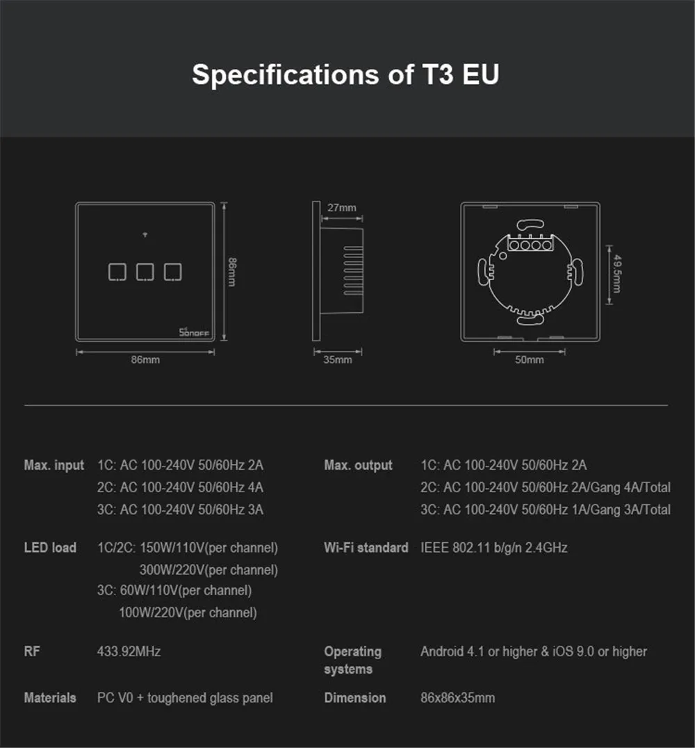 Интеллектуальный выключатель света SONOFF T3EU TX Smart Wi Fi настенный сенсорный Черный с