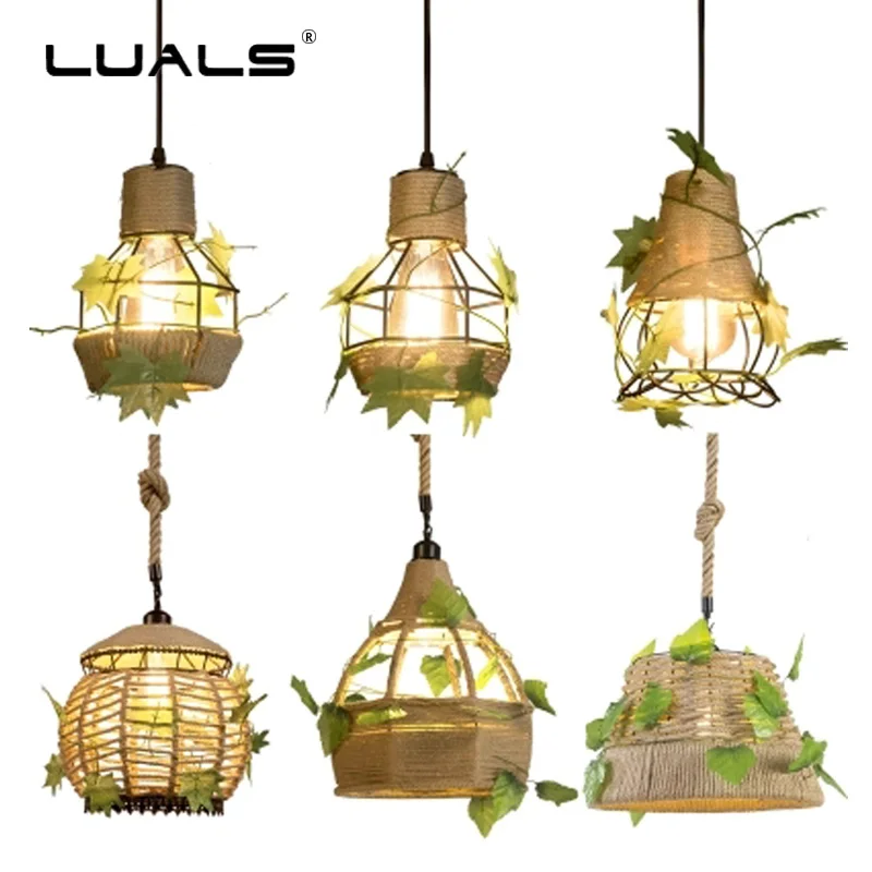 

Vintage Industrial Style Pendant Lighting Hemp Rope Deco Restaurant Light Fixtures Rural Style Pendant Lights LED Hanging Lamps