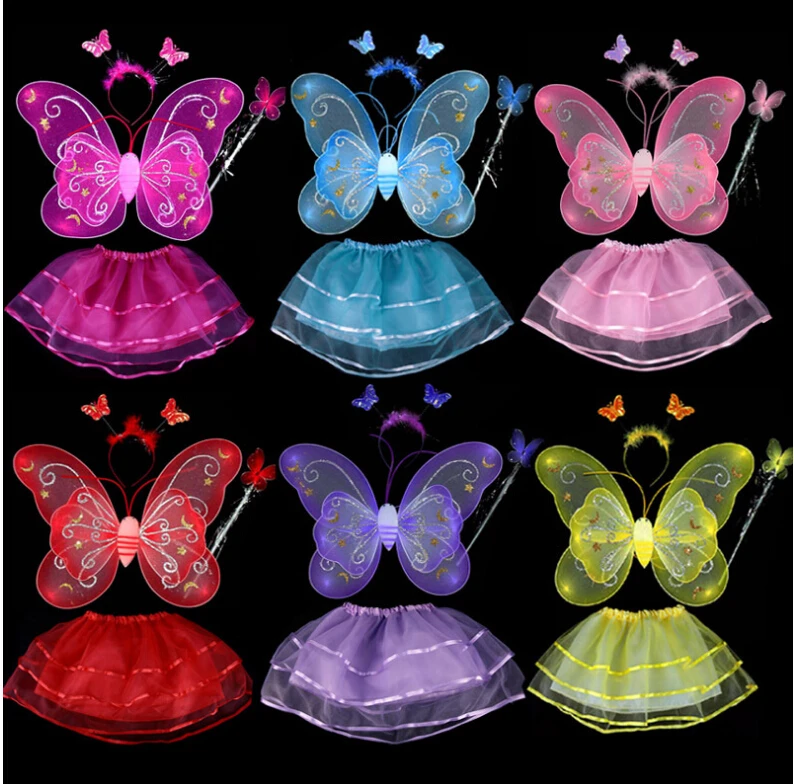 

100set/lot wholesale Freeshipping Carnival costumes Single layer Fairy Wings Set with Tutu 6 colors mix 4pcs in one set