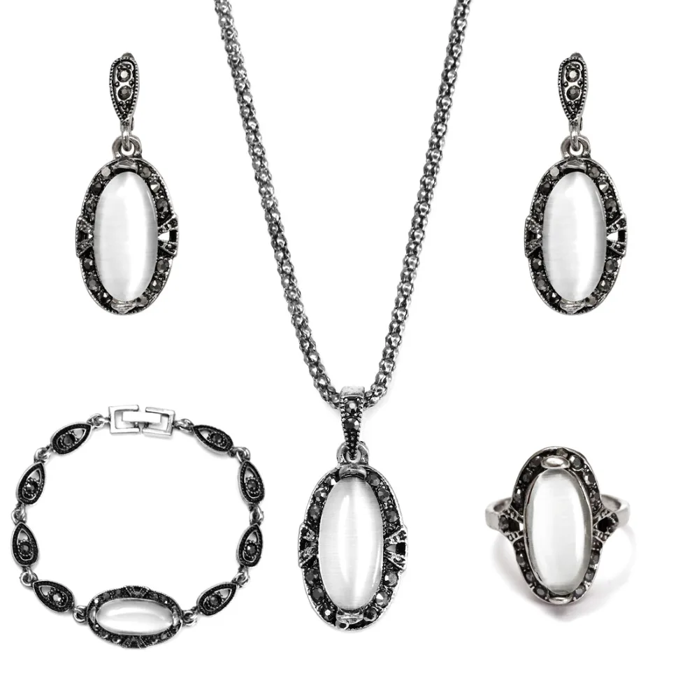 Ретро капли воды Vintage Opal Ювелирные наборы для женщин Серебряный Цвет кулон