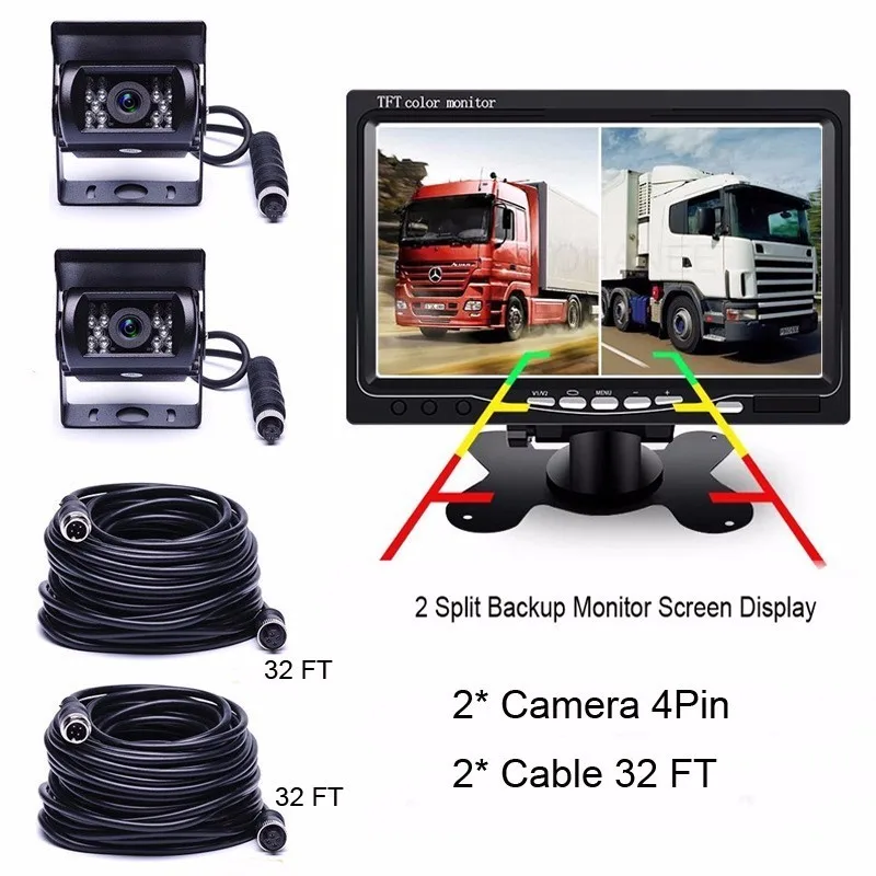 2 Pcs 32 FT cable Автомобильная резервная камера 7 дюймов 2 сплит монитор камера заднего вида 18 ИК ночного видения 2*65 футов Кабели для прицепа грузовые автобусы 12 V-24 V - Название цвета: 2 Pcs 32 FT cable