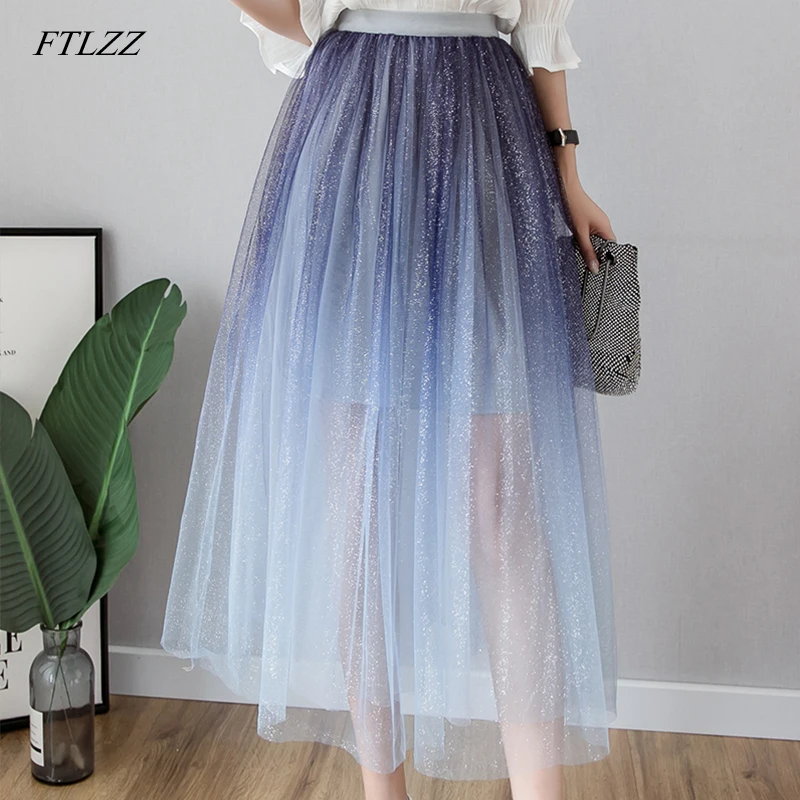 Плиссированная длинная юбка с градиентом FTLZZ для девушек Женская сетчатая