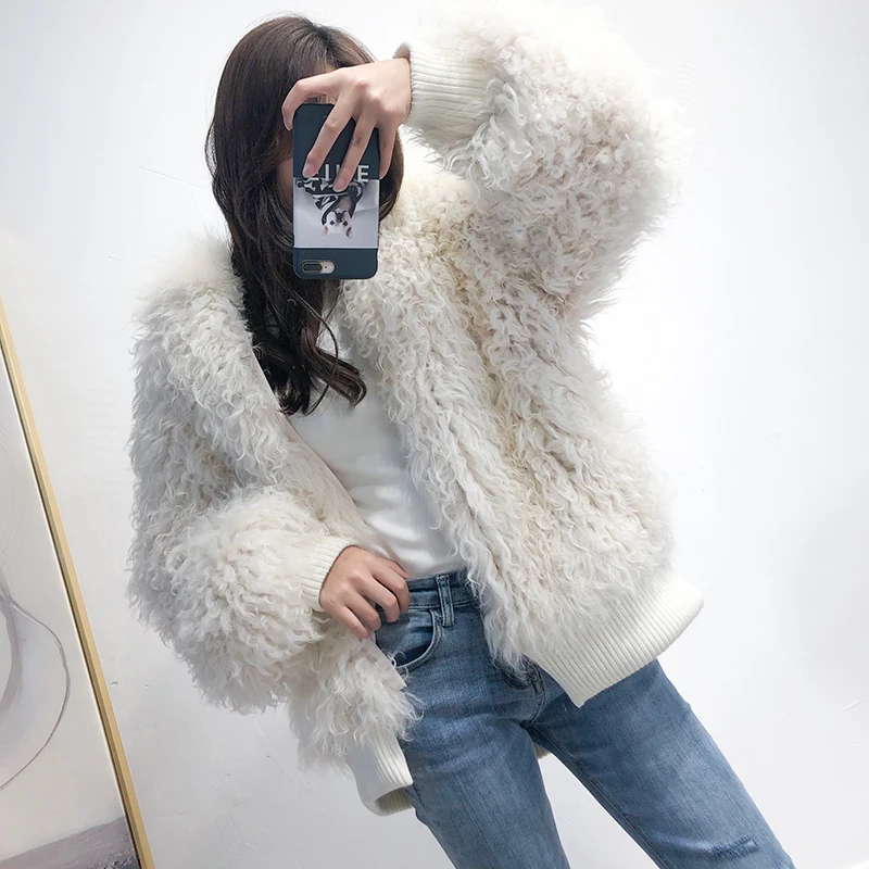 Sheep curls woven fur coat female fox fur collar hooded lamb fur coat long coat 2020 new winter