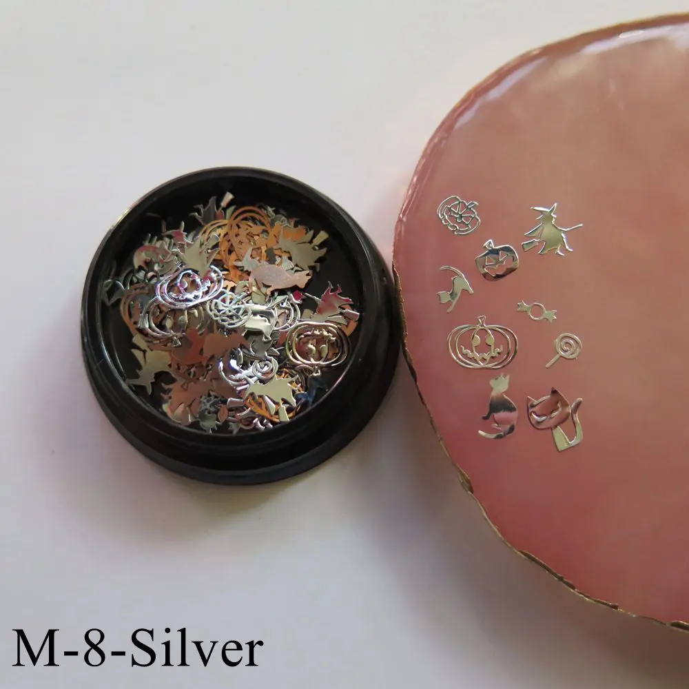 M-8-Silver 1Jar дизайн ногтей смешать различные металлические наклейки в баночки зодиака Снежинка Рождество Хэллоуин серии мультфильм M1-M9 - Цвет: M-8-Silver