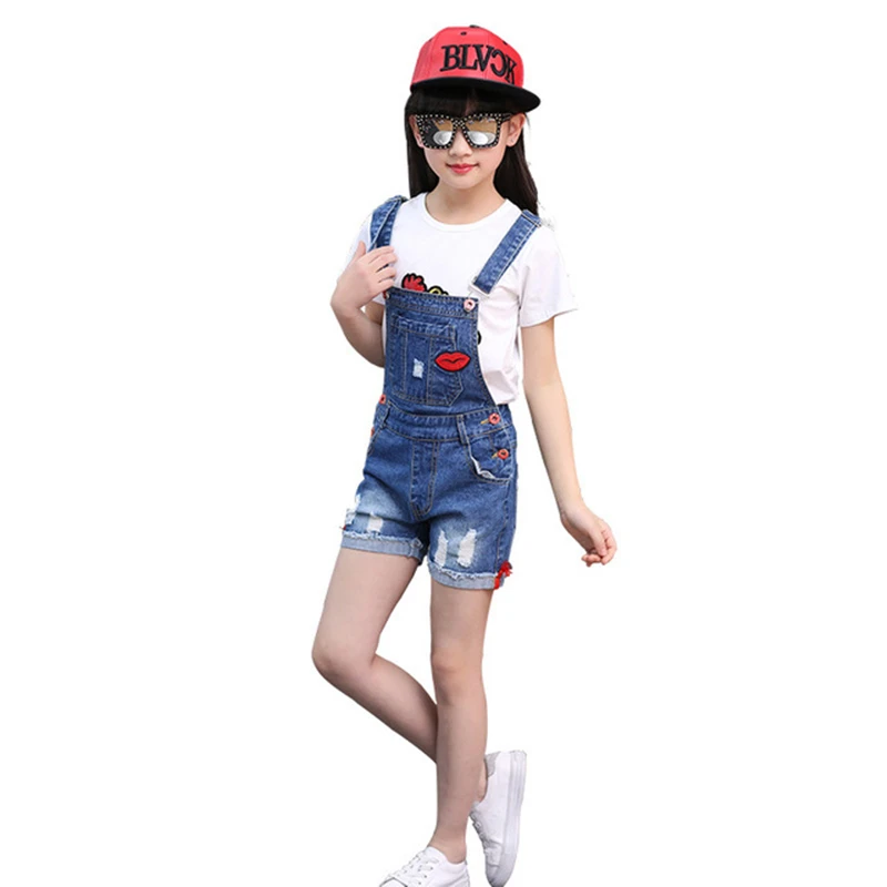 Джинсовые шорты на подтяжках для девочек Модный комбинезон с красными губами