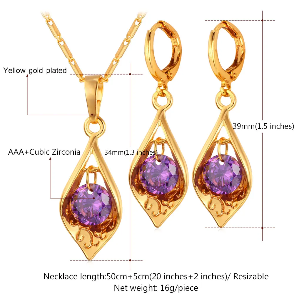 

Kpop Purple Set Pendant Necklace Earring Gift For Women Engagement yellow Gold/Silver Color Trendy Women Jewelry PE204