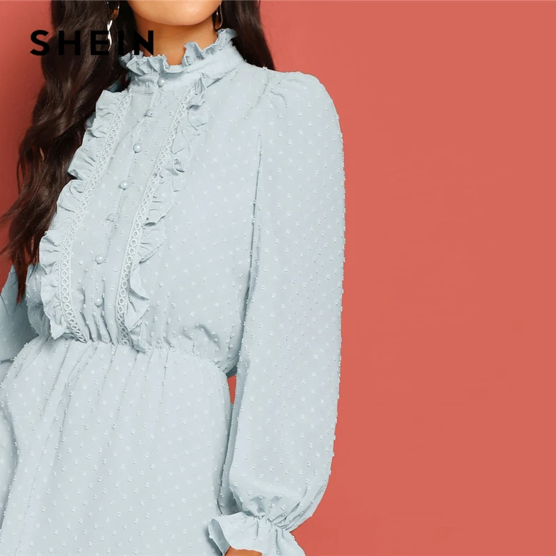 SHEIN Платье С Кружевом И Складкой Женское Голубое Весеннее Элегантное Платье С Длинными Рукавами И Пуговицами