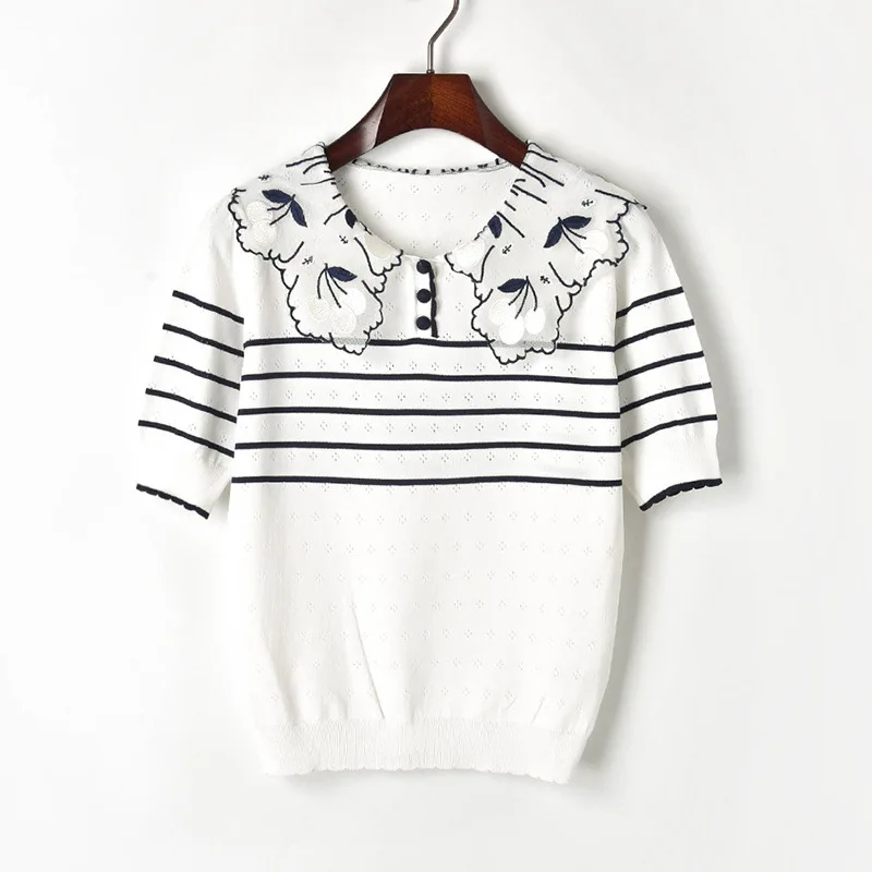 Милая трикотажная футболка для женщин лето 2019 в полоску с вырезом Питер Пэн